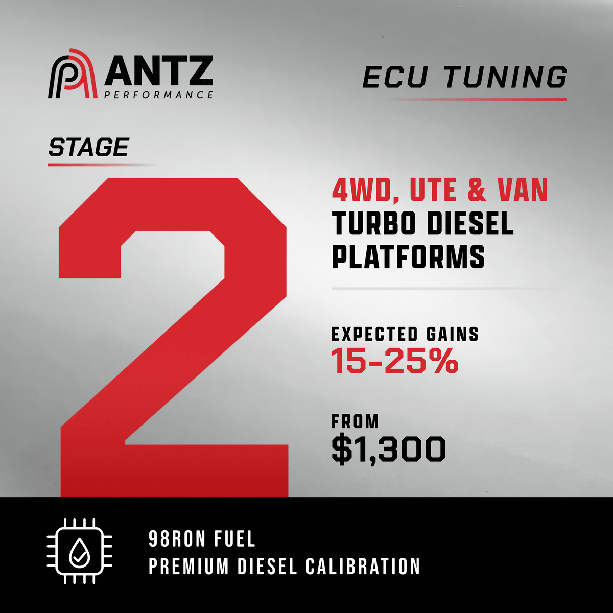 Promotional graphic for Antz Performance ECU Tuning Stage 2, featuring a large red number 2 on a gray gradient background with text detailing benefits for 4WD, UTE, and van turbo diesel platforms.