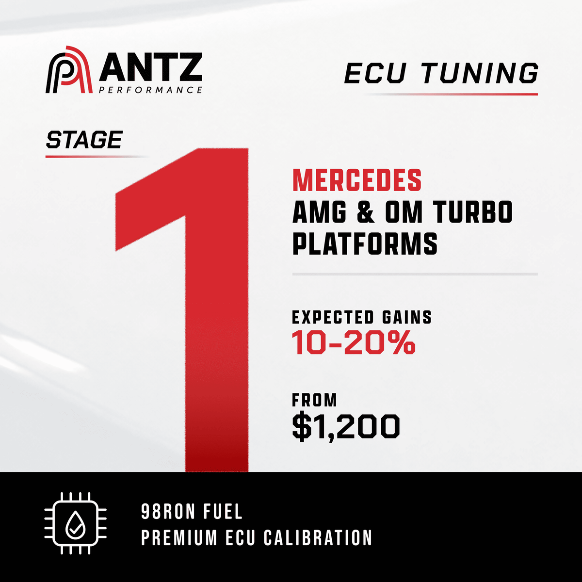 Promotional graphic for Antz Performance ECU Tuning Stage 1, featuring a large red number 1 on a white background with text detailing Mercedes AMG &amp; OM Turbo platforms, 10-20% expected gains, and a $1,200 return. A black banner at the bottom highlights 98RON fuel and premium ECU calibration.