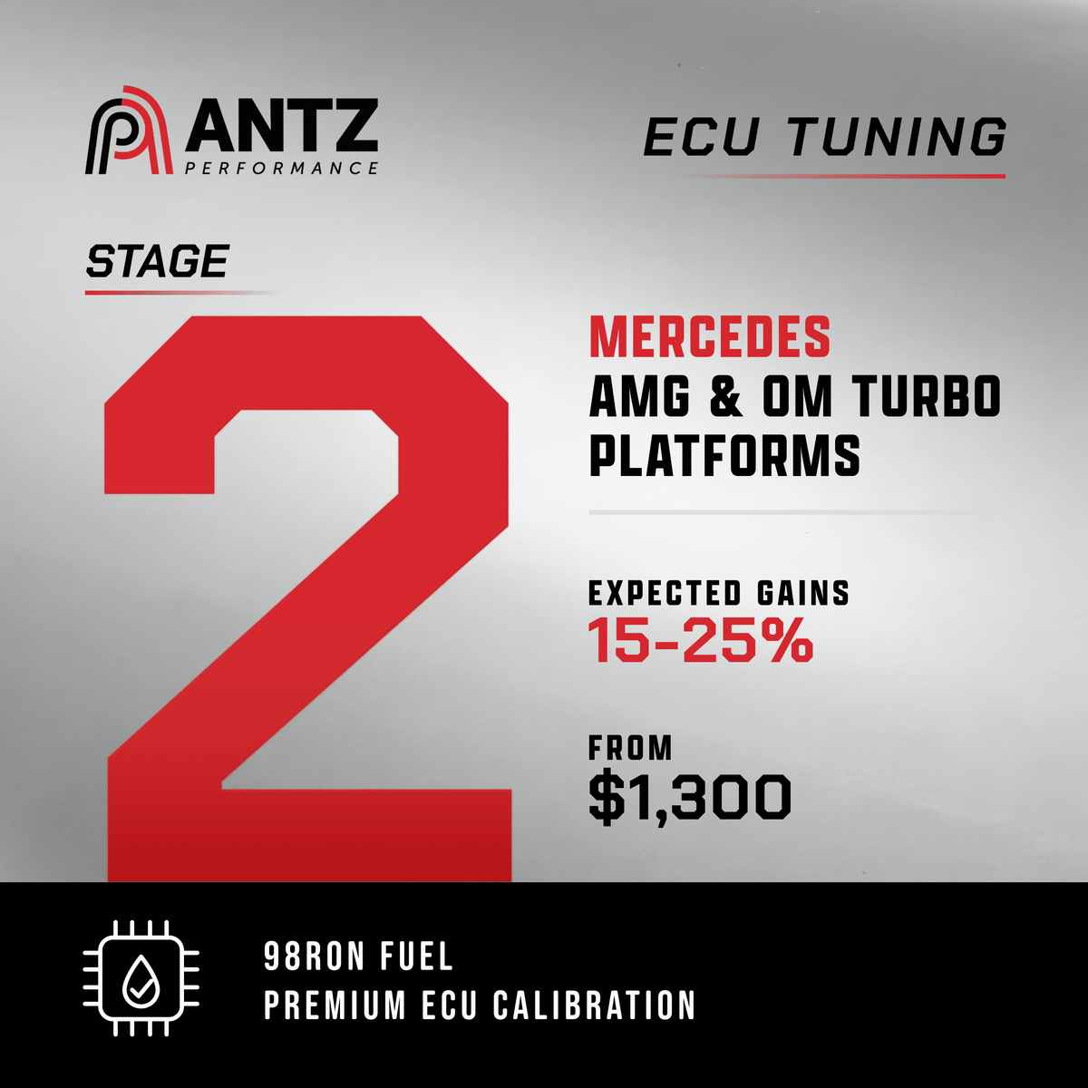 Promotional graphic for Antz Performance ECU Tuning, featuring a large red number 2 on a gray gradient background, text for Mercedes AMG &amp; OM Turbo Platforms, expected gains of 15-25% from $1,300, and a black footer highlighting 98RON Fuel Premium ECU Calibration.