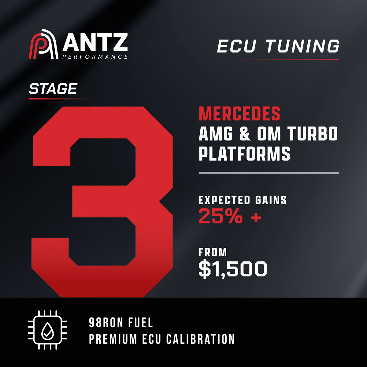 Promotional graphic for Antz Performance ECU Tuning, featuring a large red number 3 on a dark textured background. Text highlights Stage 3 tuning for Mercedes AMG and OM Turbo platforms, with expected 25%+ gains from a $1,500 investment.