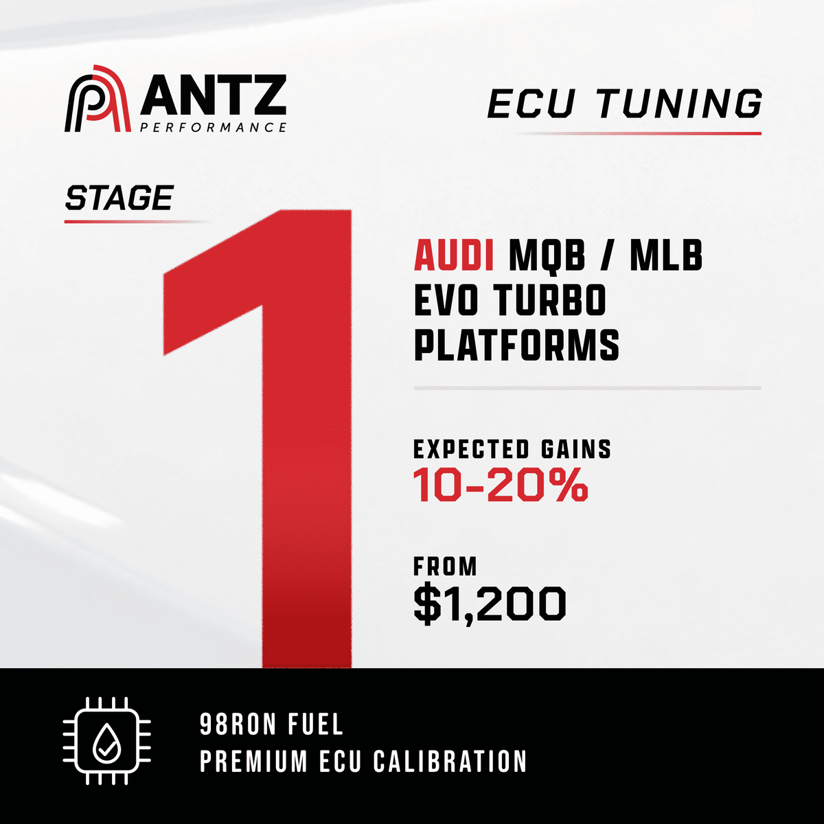 Promotional graphic for Antz Performance Stage 1 ECU Tuning, designed for Audi MQB / MLB Evo Turbo platforms, featuring a large red number 1 on a white and black background.