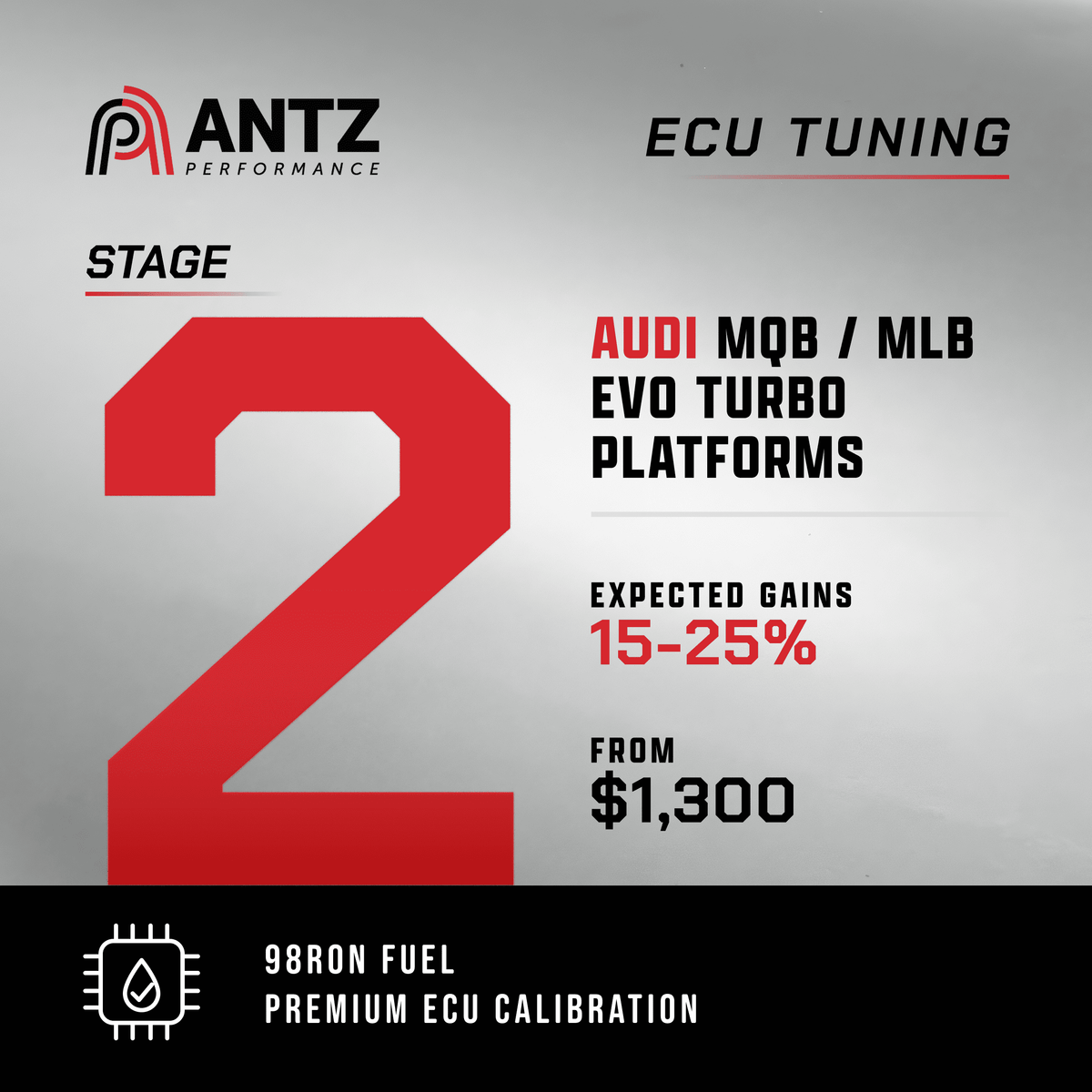 Promotional graphic for Antz Performance ECU Tuning, featuring a large red number 2 on a gray gradient background, with text specifying Audi MQB / MLB Evo Turbo platforms, 15-25% expected gains, and starting at $1,300. A black strip at the bottom reads 98RON Fuel Premium ECU Calibration.