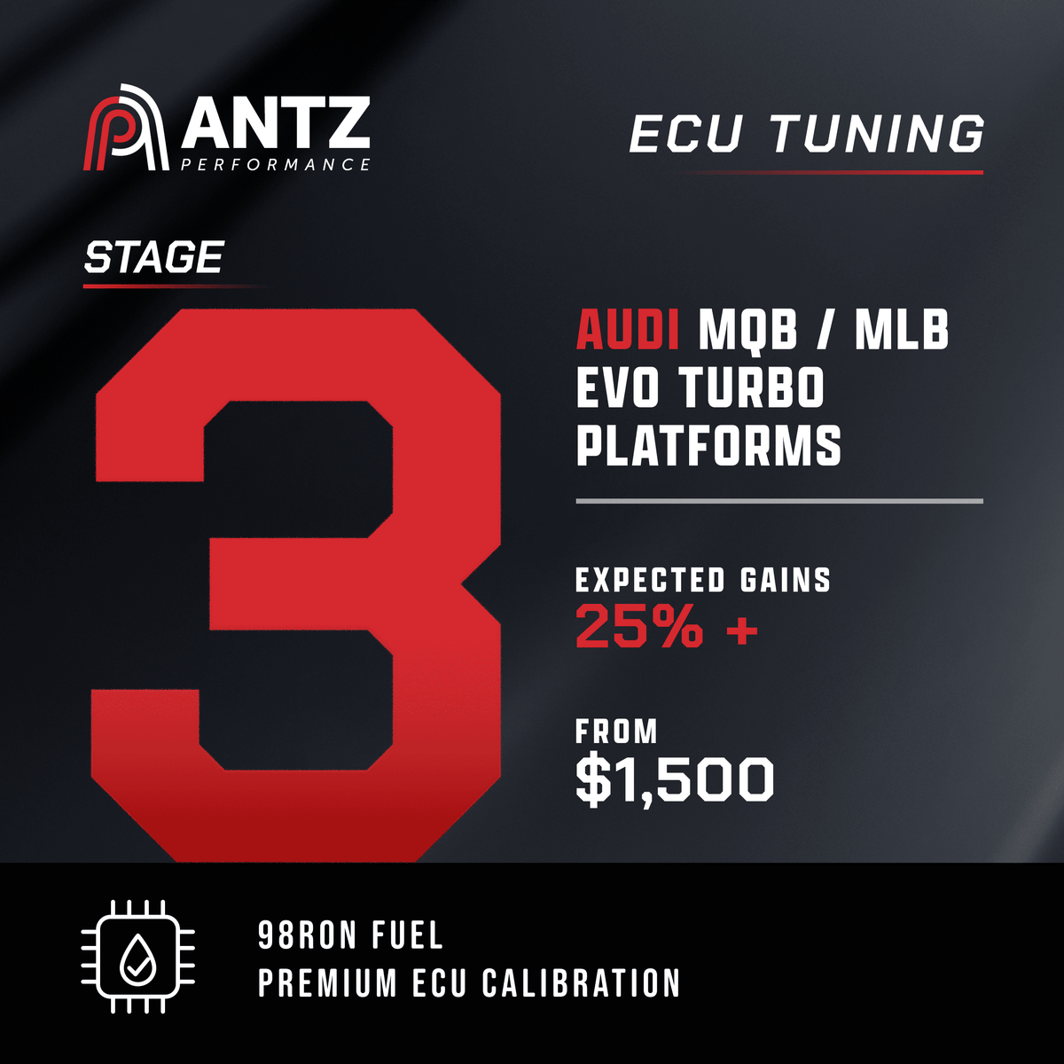 Promotional graphic for Antz Performance Stage 3 ECU Tuning, featuring a large red number 3 on a dark gray background with white and red text detailing benefits for Audi MQB / MLB Evo Turbo platforms.