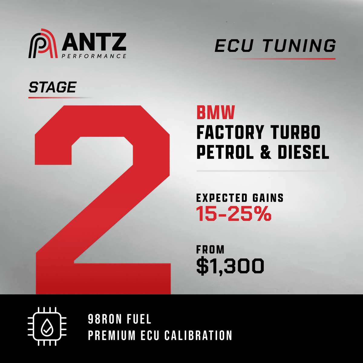 Promotional graphic for Antz Performance ECU Tuning, specifically Stage 2 BMW Factory Turbo Petrol &amp; Diesel calibration. The design features a large red number '2' on a gray gradient background, with black and red text detailing expected gains of 15-25% from a $1,300 investment, and a black footer highlighting 98RON fuel and premium ECU calibration.