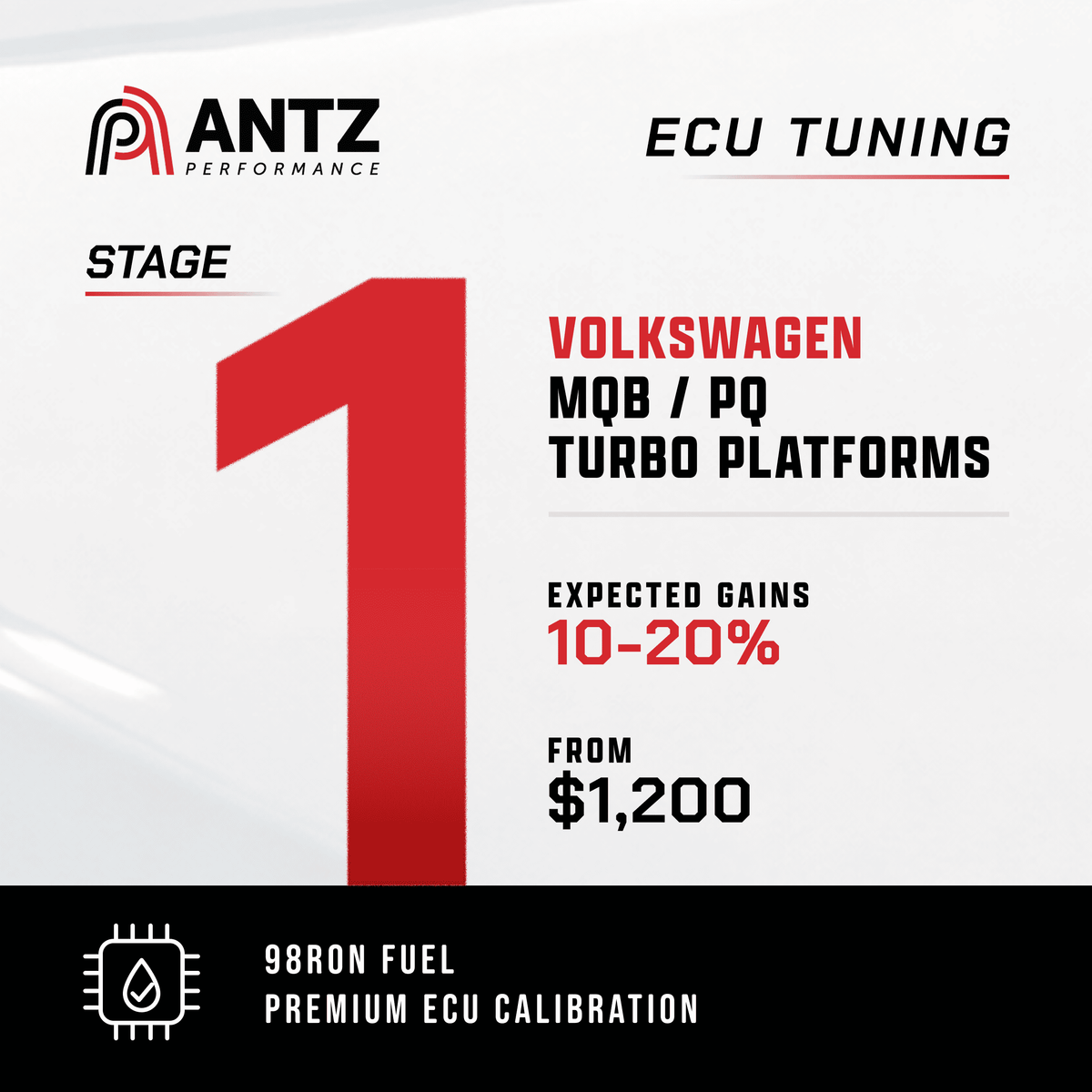 Promotional graphic for Antz Performance ECU Tuning, specifically Stage 1 tuning for Volkswagen MQB / PQ Turbo Platforms. The design features a large red number '1' on a white background with black and red text detailing expected gains of 10-20% from $1,200.