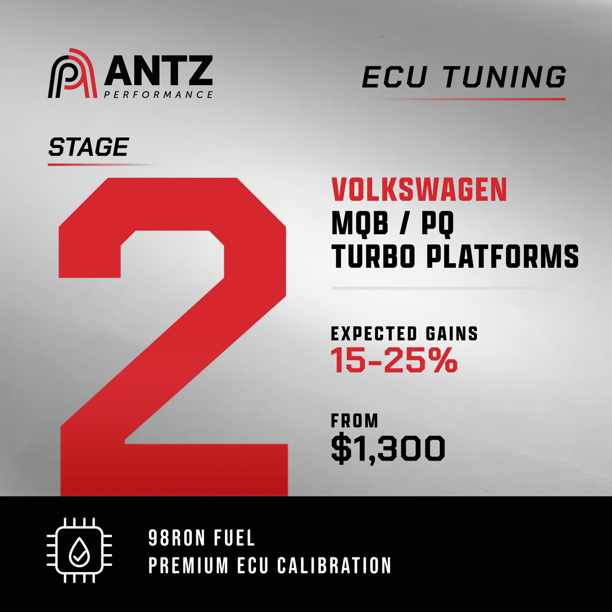 Promotional graphic for Antz Performance ECU Tuning, specifically for Volkswagen MQB / PQ Turbo Platforms Stage 2 calibration. The design features a large red number '2' on a gray gradient background, with black and red text detailing expected gains of 15-25% from a $1,300 investment, and a black footer highlighting 98RON fuel and premium ECU calibration.