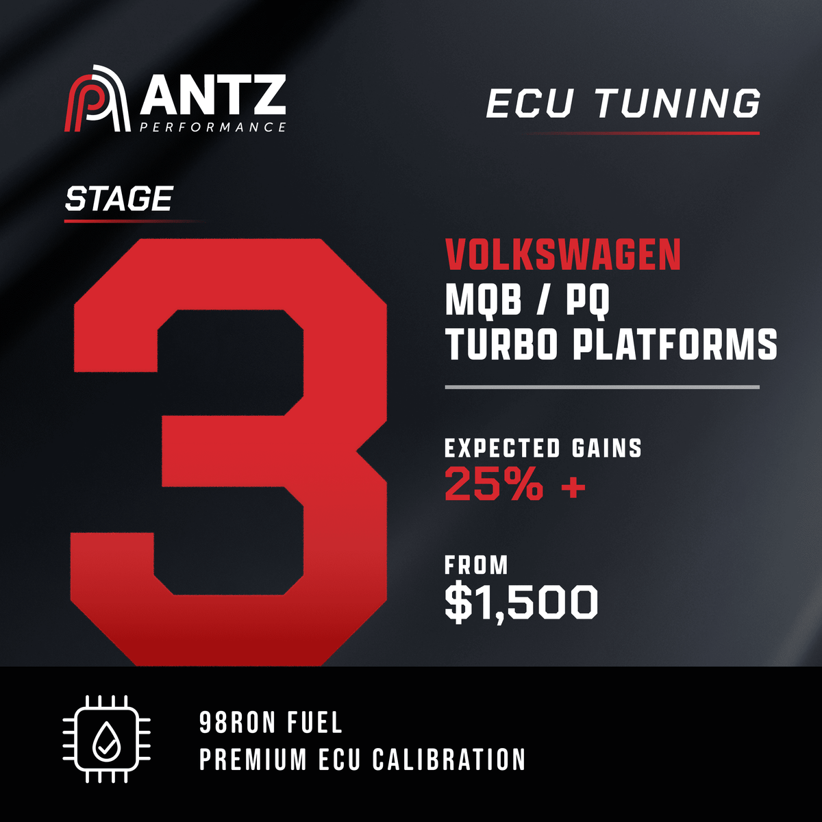 Promotional graphic for Antz Performance ECU Tuning, featuring a large red number 3 on a dark gray background with text for Volkswagen MQB / PQ Turbo Platforms, 25%+ expected gains, and $1,500 savings.